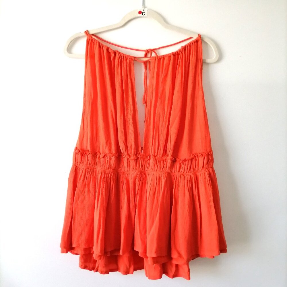 Haute Curve Womens Orange Sleeveless Open Back Peplum Blouse Top Size 2X
